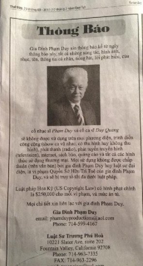 Thông báo ngày 23/03/2013 của gia đình Phạm Duy