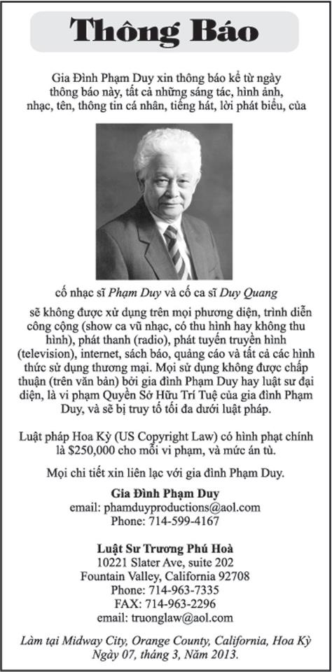 Thông báo của “Gia đình Phạm Duy” trên một tờ báo tiếng Việt tại California.