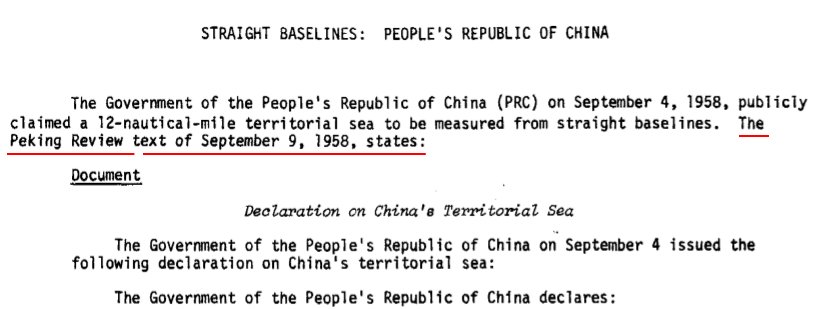 The Geographer , Office of the Geographer, Bureau of Intelligence and Research , Straight Baselines:  People's Republic Of China , International Boundary Study , Series A , Limits In The Seas , No. 43 , p.1-4.