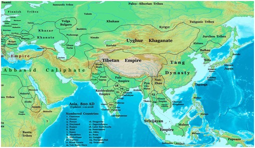 Bản đồ Châu Á vào năm 800 CN bao gồm vương quốc Champa và các nước trong khu vực.
