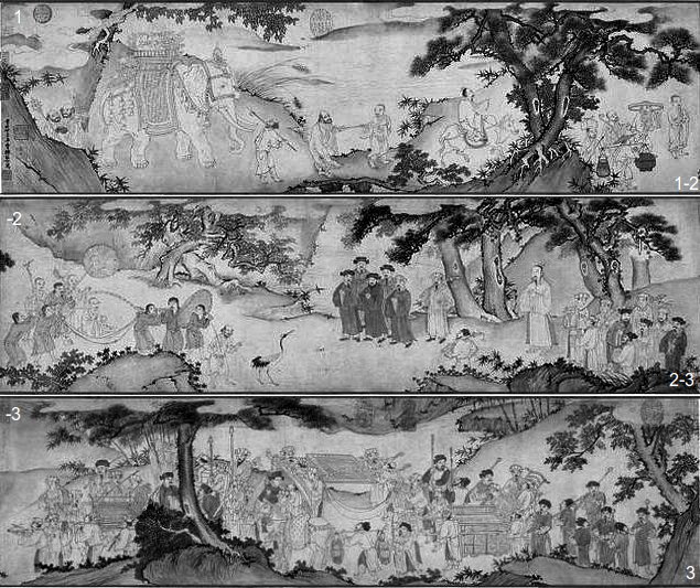 Bức “tranh vẽ Trúc Lâm Đại Sĩ xuống núi” - 3 khung ngàn dduojc xếp lại theo chiều dọc để minh họa. Nguồn: Wikipedia.org 