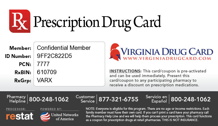 Thẻ giảm giá thuốc của tiểu bang Virginia.