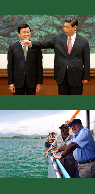 Hình trên: Trương Tấn Sang và Tập Cận Bình (tháng 6, 2013, Bắc Kinh). Hình dưới: Cựu Bọ trưởng Quốc phòng Mỹ Leon Panetta thăm hải cảng tại Vịnh Cam Ranh. Nguồn: Yale Global Online.