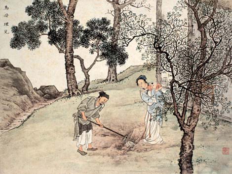 Vợ chồng Quách Cự (Guo Ju 郭巨) chôn con vì ưu tâm đến mẹ già (Một truyện trong Nhị thập tứ hiếu của Trung Hoa, quách cư kính biên soạn.) Nguồn: http://history.cultural-china.com/