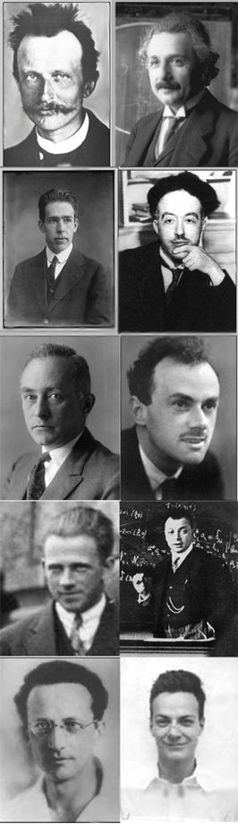 Từ trên xuống, tù trái qua: Max Planck, Albert Einstein, Niels Bohr, Louis de Broglie, Max Born, Paul Dirac, Werner Heisenberg, Wolfgang Pauli, Erwin Schrödinger, Richard Feynman. Nguồn: Wikipedia.org