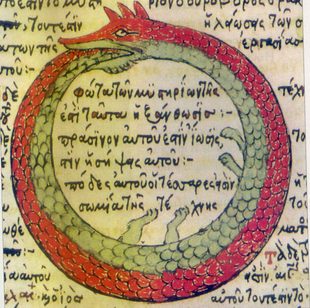 Tranh Ouroboros của Theodoros Pelecanos vẽ trong alchemical tract Synosius (1478)