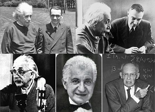 Trên: Einstein và Gödel, Einstein và Oppenheimer Dưới:  Albert Einstein,  Boris Podolsky,  và Nathan Rosen. DCVOnline tổng hợp 