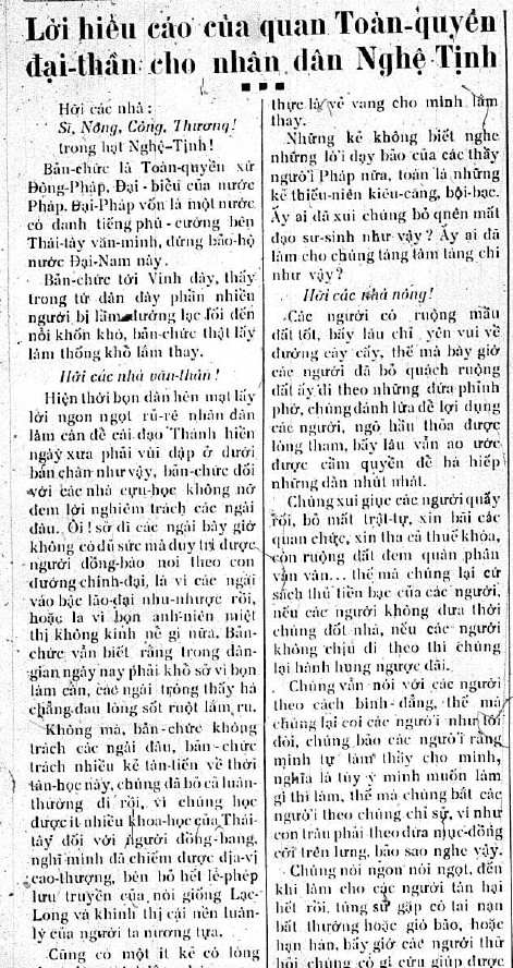 Lời hiểu cáo của quan Toàn quyền đại thần cho nhân dân Nghệ Tịnh. Nguồn: Thanh Nghệ Tịnh Tân Văn 1930