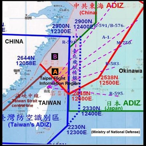 Vùng nhận diện phòng không của Taiwan, Japan và TQ. Nguồn: focustaiwan.tw