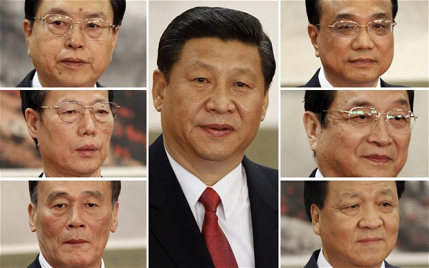 Thanh viên Ban Thường trực BCT Đàn CSTH: Xi Jinping (centre), (clockwise from top left) Zhang Dejiang, Li Keqiang, Yu Zhengsheng, Liu Yunshan, Wang Qishan, Zhang Gaoli Photo: Reuters