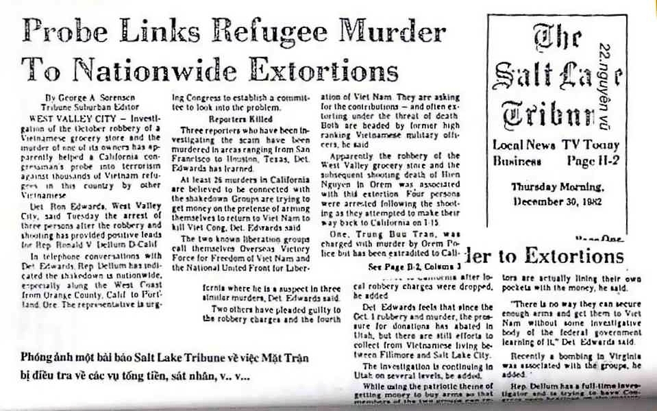 Báo Salt Lake Tribune đăng tin về Mặt trận Quốc gia Thống nhất Giải phóng Việt Nam với cascvuj ám sát tống tiềng trên nước Mỹ (30/12/1982). Nguồn: OntheNet.