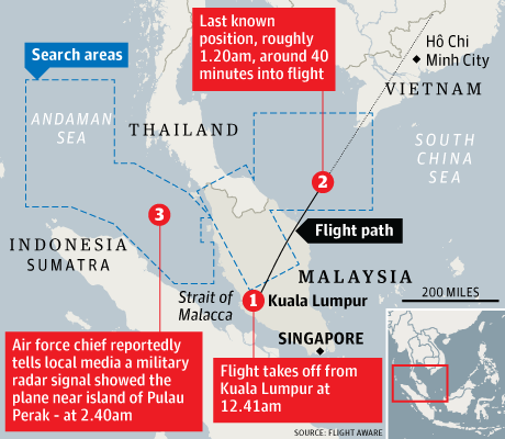 Bản đồ khu vực chuyến bay MH370 mất tích. Nguồn: TheGuardian.com