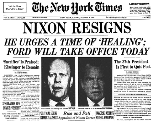 Nixon từ chức vì vụ Watergate (9 August 1974). Nguồn: The New York Times