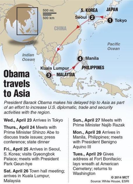 Lích trình chuyến đi châu Á của Tông thống Mỹ Barack Obama (4/2014), Nguồn: Nhà Trắng.