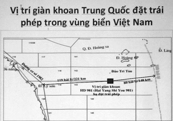 Vị trí giàn khoan dầu của TQ trên biển Việt Nam. Nguồn: OntheNet