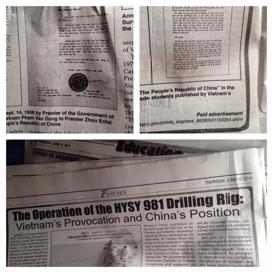 Trung Quốc đã đưa bài viết tố cáo "Việt Nam khiêu khích"  lên báo Philippines (Philippines Star, 12/6/2014)