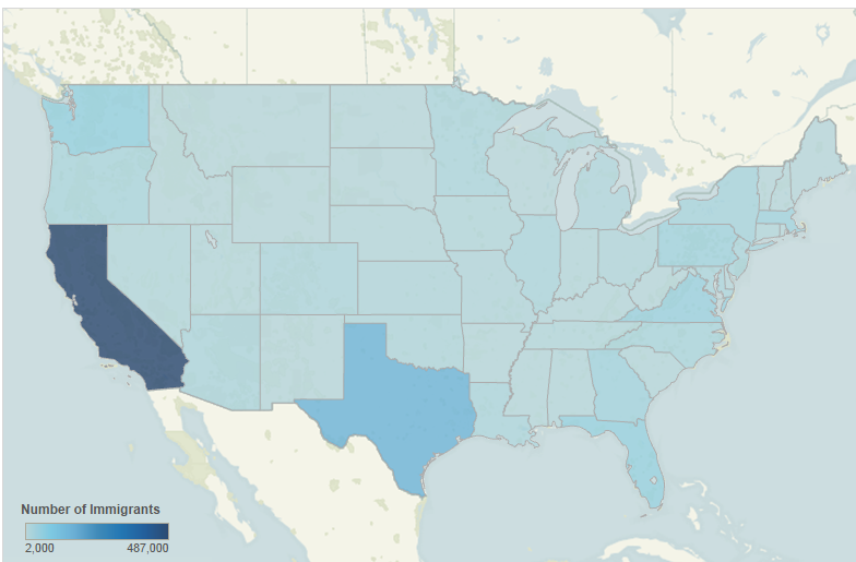 Hình 2. Những Tiểu bang có đông cư dân Việt Nam tại Hoa Kỳ, 2008-2012. Nguồn: Viện chính sách di dân (MPI) lập bảng dữ liệu từ tài liệu tổng hợp 2008-2012 củ ACS, Cục Thống kê Dâ số Hoa Kỳ.