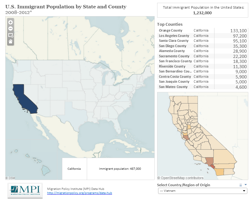 Hình 2a: Dân số cư dân Việt Nam tại cái quận lỵ ở California.