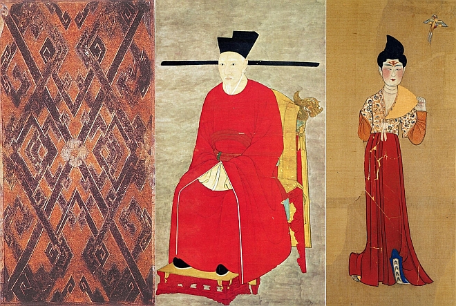 Trang phục màu đỏ: từ lụa thời Tây Hán đến triều phục của Hoàng đế Tống Cao Tông (1127–1162) váy của vũ nữ nhà Đường. Nguoofn arnh: Wikipedia.org