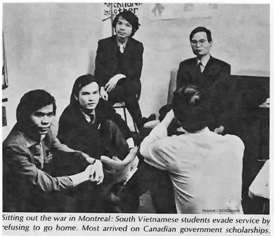 Sinh viên “yêu nước” trốn quân dịch không về nước: (từ trái qua phải): Lương Châu Phước, Đỗ Đức Viên, Trần Tuấn Dũng, và Nguyễn Văn Nhã. 1970. Nguồn: Tạp chí PARADE/Washington Post June 14, 1970