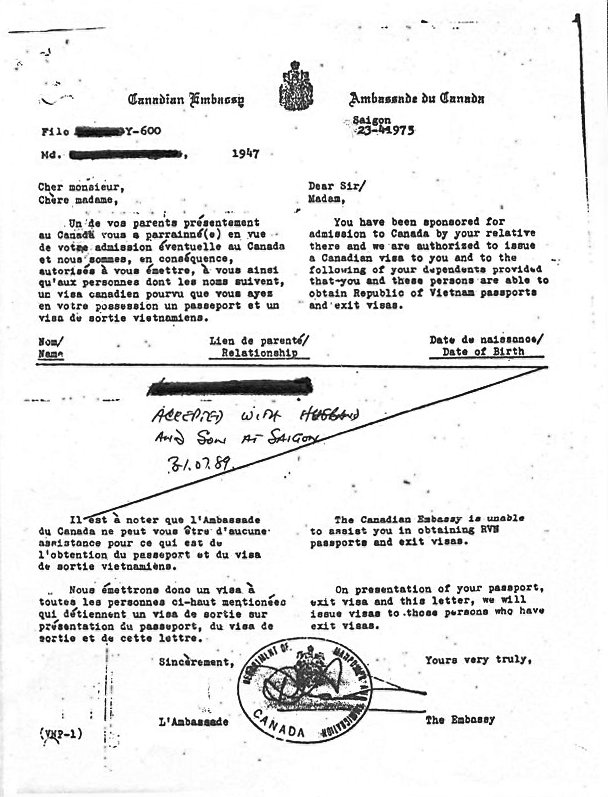 Thư hứa cấp chiếu khán nhập cảnh Canada, 24 tháng 4, 1975. Nguồn CIHS, số tháng 4, 1975.