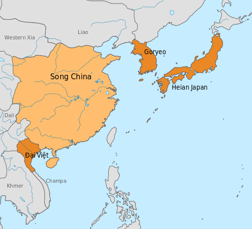 Bản đồ các quốc gia Đông Á năm 1100 SCN. Nguồn: "China, Vietnam, Korea and Japan in 1100 AD" by Kanguole - Own work. Licensed under CC BY-SA 3.0 via Wikimedia Commons - https://commons.wikimedia.org/wiki/File:China,_Vietnam,_Korea_and_Japan_in_1100_AD.svg#/media/File:China,_Vietnam,_Korea_and_Japan_in_1100_AD.svg