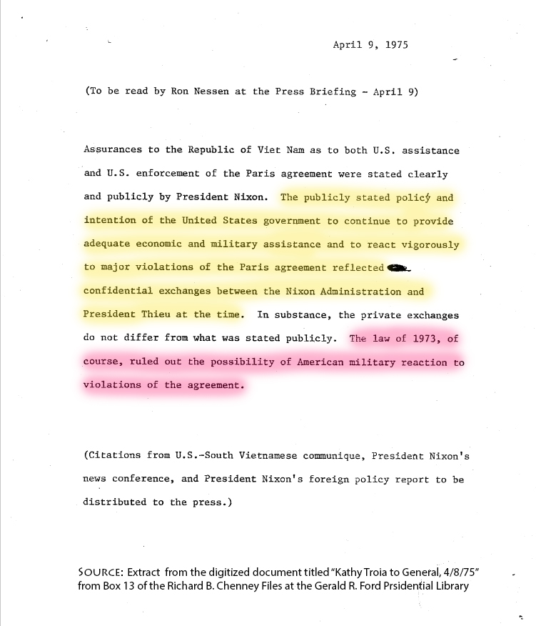 Nguồn: “Kathy Troia to General, 4/8/1975”, 6 lá thư TT Nixon gởi TT Thiệu từ tháng 10 đến tháng 12, 1972. Giải mật 2/1/1990