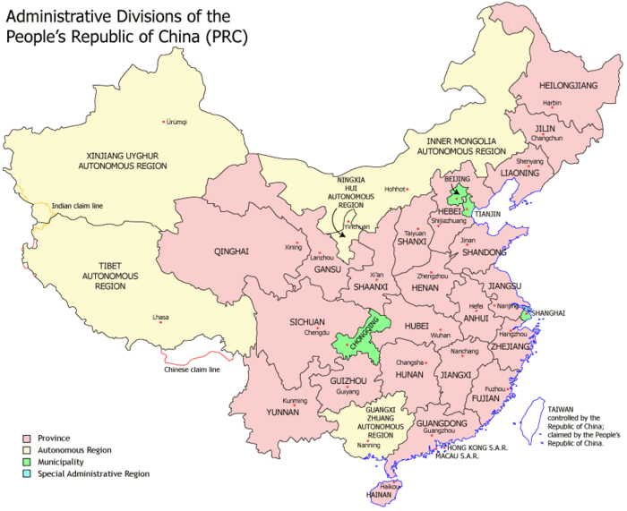 Trung Hoa và các vùng tự trị. Nguồn: OntheNet
