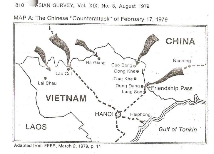 Bản đồ cuộc phản công của Trung Cộng hôm 17 Tháng Hai, 1979. Nguồn: Asian Survey, tháng 8, 1979. 