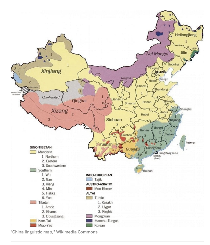 Tiếng nói người ở Trung Hoa không chỉ là tiếng Quan Thoại. Nguôn: Wikimedia Commons