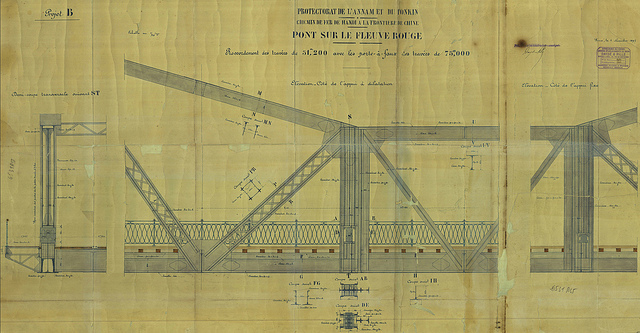 Bản vẽ đồ án cầu Long Biên, do nhà thiết kế và hãng thầu thi công Daydé & Pillé đóng dâu và ký tên ngày 6 novembre 1897, hiện lưu tại Trung tâm LTQG I. Nguồn: Flickr.com