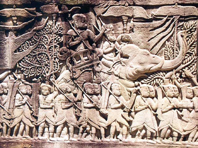 Quân đội Khmer tiến hành chiến tranh chống lại người Chăm; Tranh trạm nổi  Bayon-ngôi đền ở Angkor, Campuchia (S phần, E gallery, cuối 12 đến đầu thế kỷ 13)