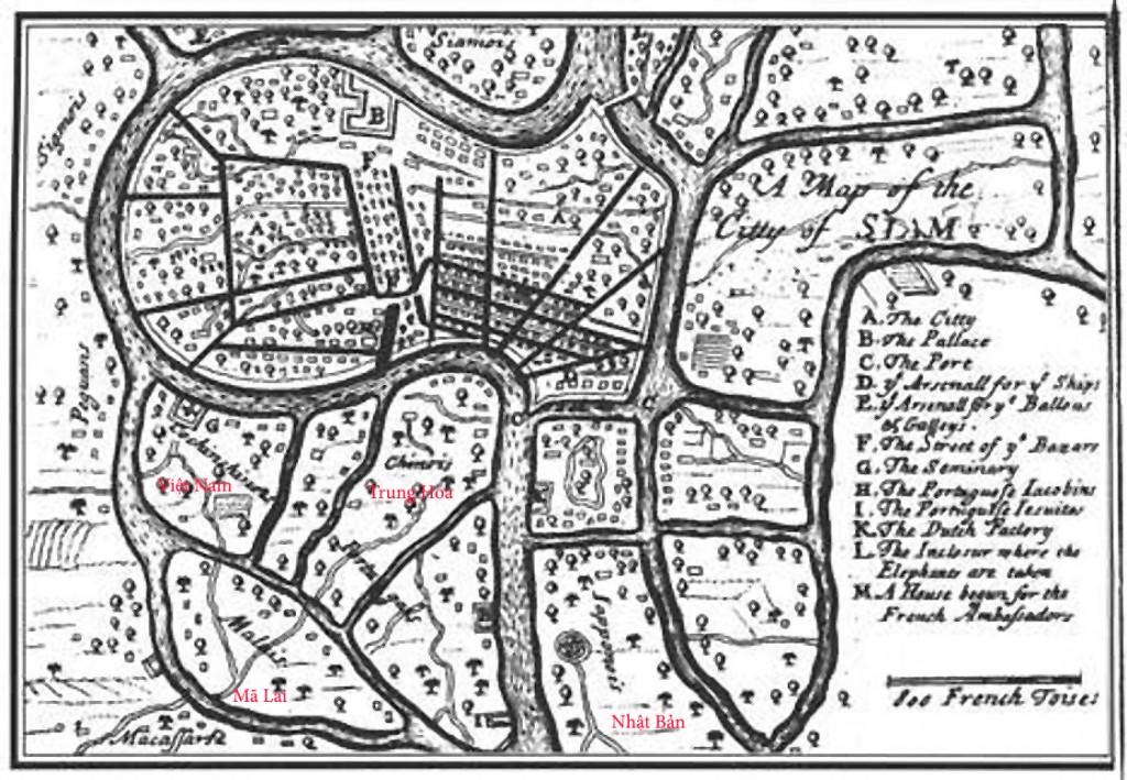 Bản đồ Ayutthaya, thủ đô thứ 2 của Xiêm La thế kỷ thứ 14-18, 85km Bắc của thủ đô Bangkok ngày nay. Thành phôd đón nhận nhiều người nước ngoài: Việt Nam, Trung Hoa, Nhật Bản, Mã Lai, Bồ Đào Nha, v.v. 