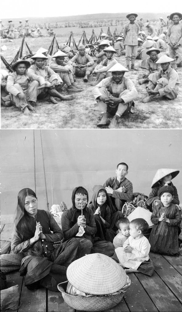 Trên: Người Việt đi lính cho Pháp trong WWI. Dưới: Giáo dân miền Bawsctreen đường di cư vào Nam 1954. Nguồn: Tổng hợp