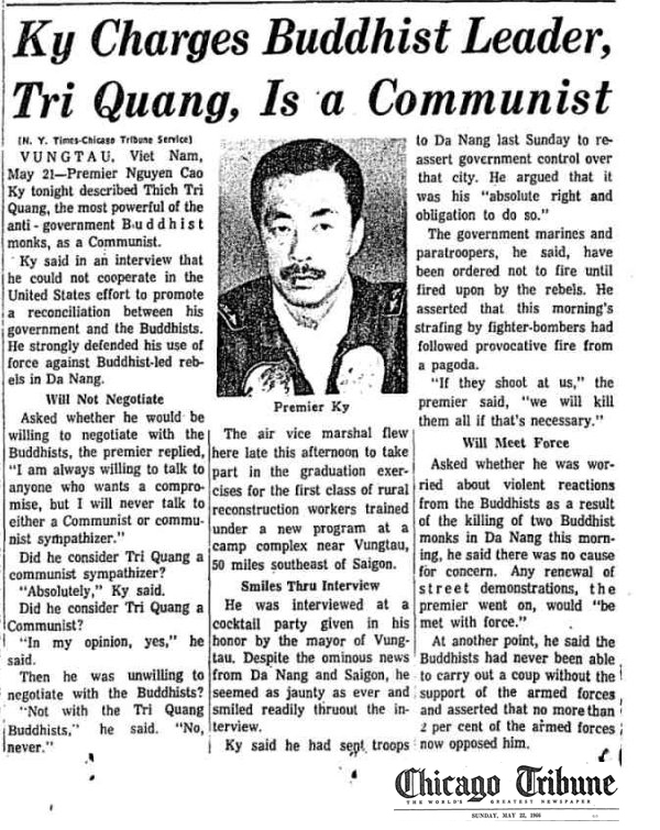  Nguyễn Cao Kỳ nói Trí Quang là cộng sản. Nguồn Chicago Tribune, 22 tháng 5, 1966.