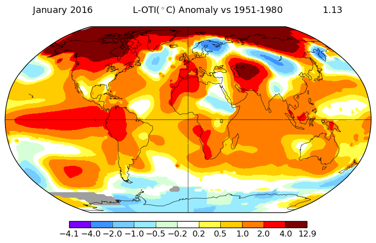 Mô hình của những vùng nhiệt độ dị thường trên toàn cầu trong tháng Giêng 2016 cho thấy đặc biệt ấm áp bất thường ở phía bắc vĩ độ cao, trên khắp Canada, Greenland và Siberia. Nhìn chung, nhiệt độ trung bình toàn cầu là 1,13 độ C, hoặc ít hơn 2 độ F, ấm hơn so với mức trung bình dài hạn. (Nguồn: NASA Goddard Viện Nghiên cứu Không gian.)