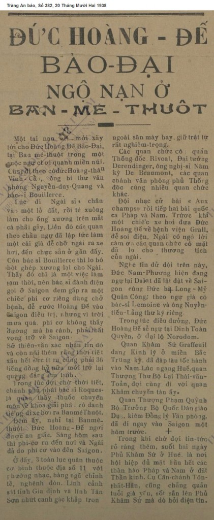 Tin Bảo Đại gẫy chân trong một cuộc đi chơi núi. Nguồn:  Tràng An báo, Số 382, 20 Tháng Mười Hai 1938  (Page 1)