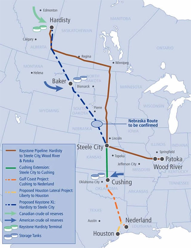 Dự án Keystone Pipeline XL đã đề nghị sẽ bắt đầu từ Hardisty, Alberta, và đi về phía nam thành phố Steele, Neb. Ngày 05 tháng 9 năm 2012, TransCanada nộp một đường thay thế cho Keystone XL Pipeline ở Nebraska. Nó sẽ chạy qua Nebraska, Montana và South Dakota. (Bản đồ của keystone-xl.com)
