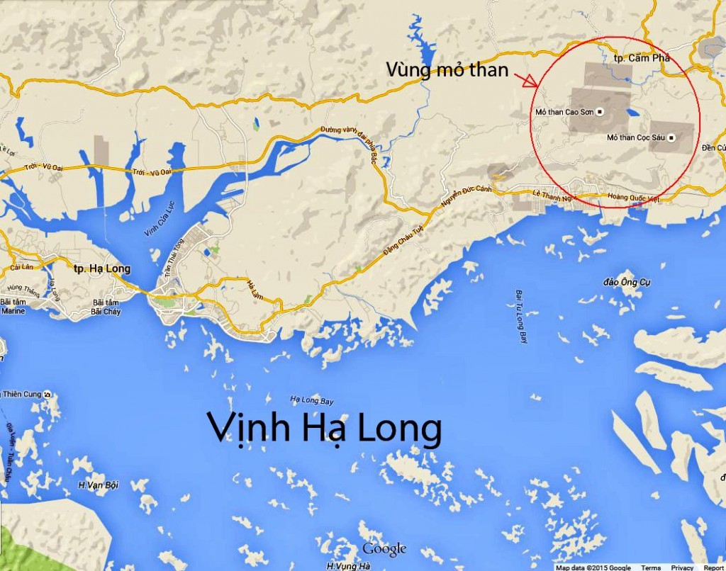 Vịnh Hạ Long và khuddang mưa lớn gây lụt lội và lở đất. Nguồn: Google Maps