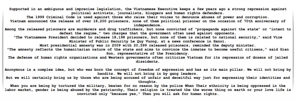 Thông điệp của Anonymous hắn với nhà nước Cộng hoà Xã hội Chủ nghĩa Việt Nam để lại trên một số trang web thuộc cổng thông tin của chính phủ. Nguồn: HackRead.com