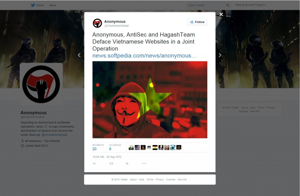Annonymous thông báo tin đã hack trang web của Cục đường bộ Việt Nam. Nguồn: Twitter