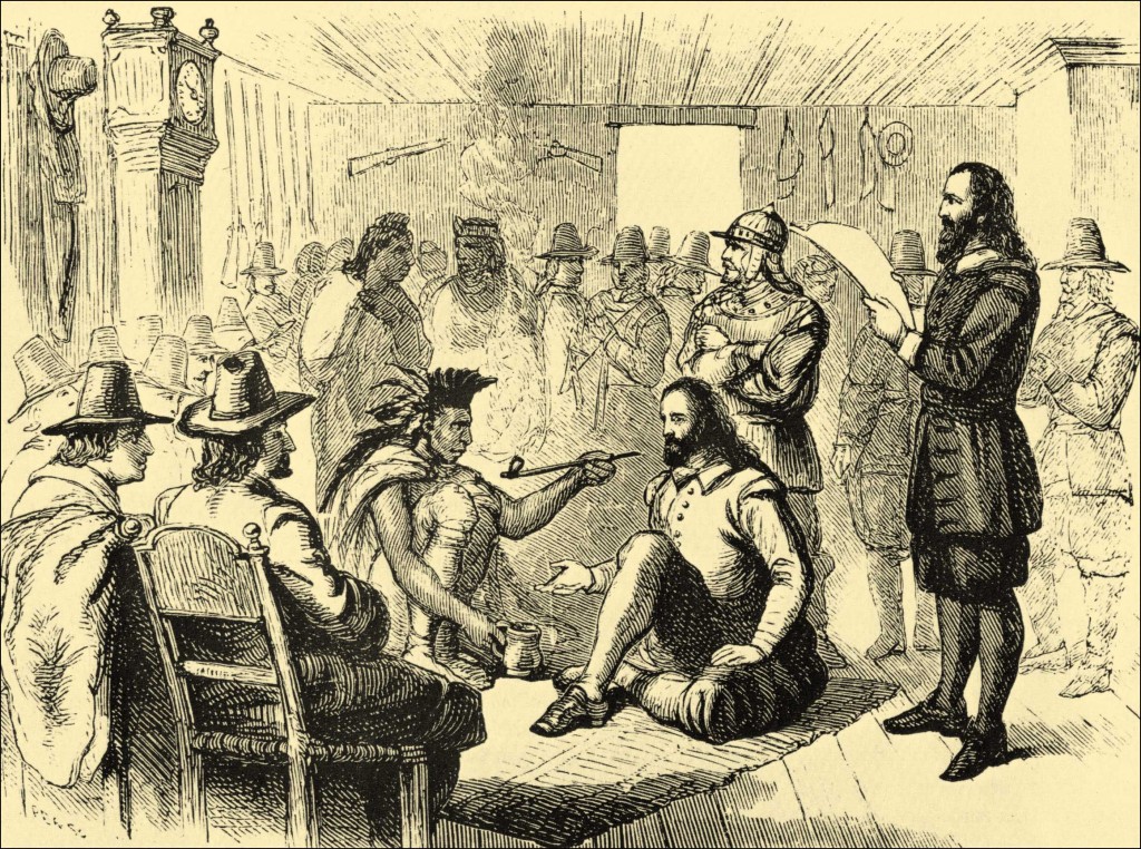 Massasoit hút điếu thuốc lễ với Thống đốc John Carver ở Plymouth năm 1621. Nguồn: Wikipedia.org 
