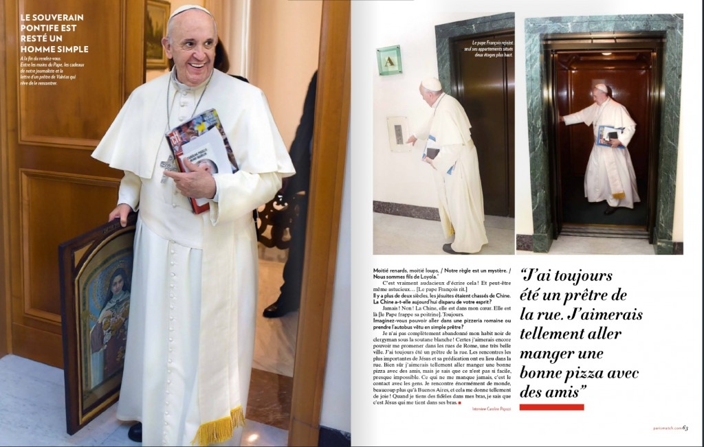 Giáo hoàng Francis trả lời phỏng vấn với Caroline Pigozzi/Paris Match. Nguồn: Paris Match 15 Au 21 Octobre 2015, trang 63 