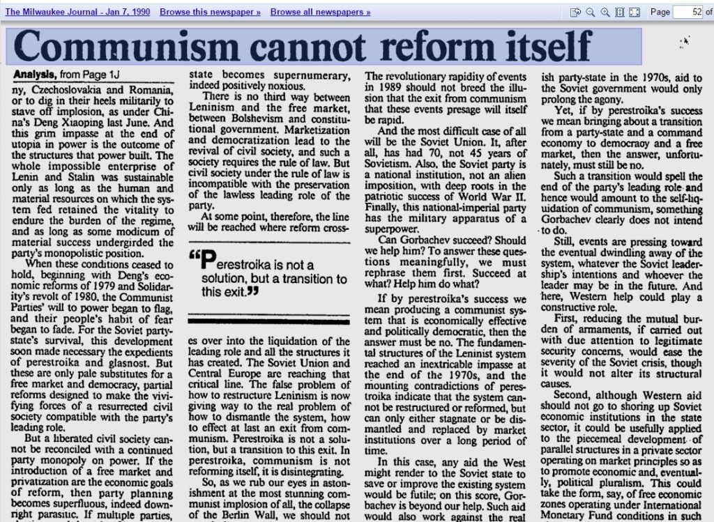 Cộng sản không thể tự thay đổi. Nguồn: Milwalkee Journal 1990. 