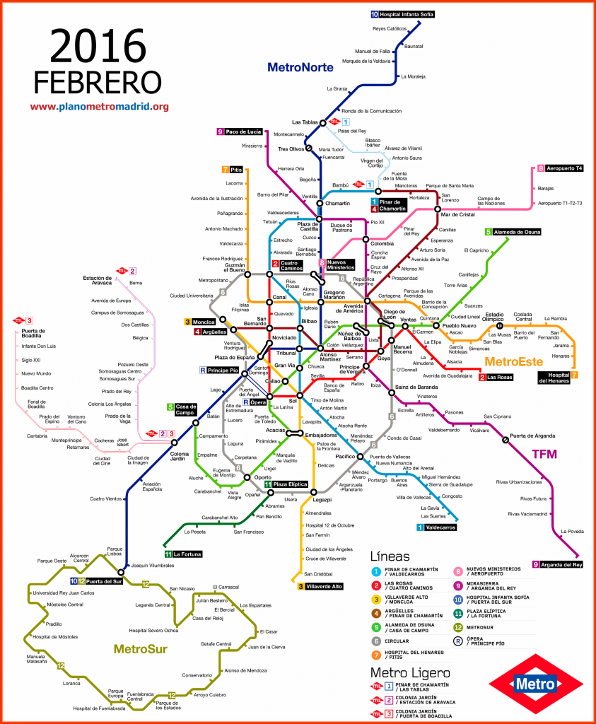 Bản đồ xe điện ngầm ở Madrid, Spain. Nguồn: planometromadrid.org 
