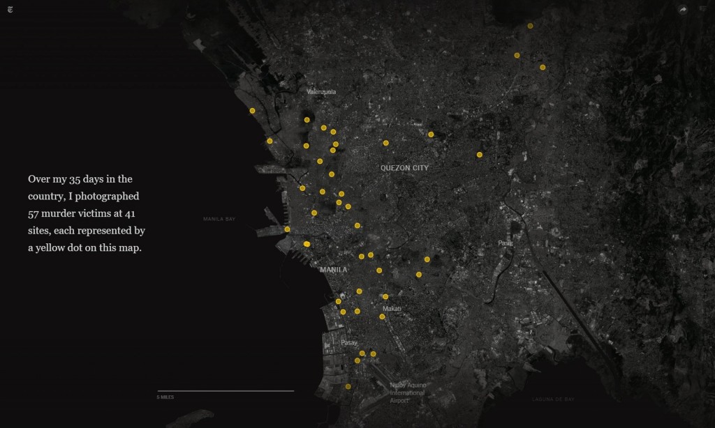 Hơn 35 ngày ở Philippines, tôi ghi lại hình ảnh 57 nạn nhân trong những vụ giết người tại 41 địa điểm, tương ứng với những dấu chấm màu vàng trên bản đồ này.